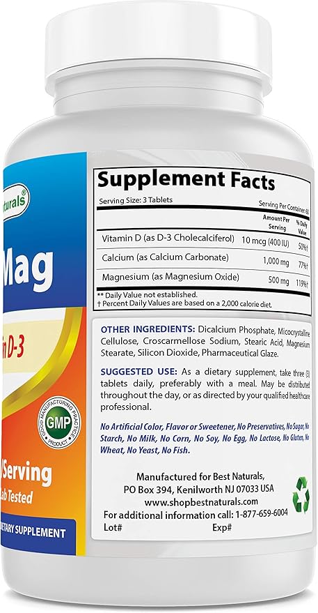 Best Naturals Calcium Magnesium with Vitamin D3 1500mg Serving 180 Tablets (180 Count (Pack of 1))
