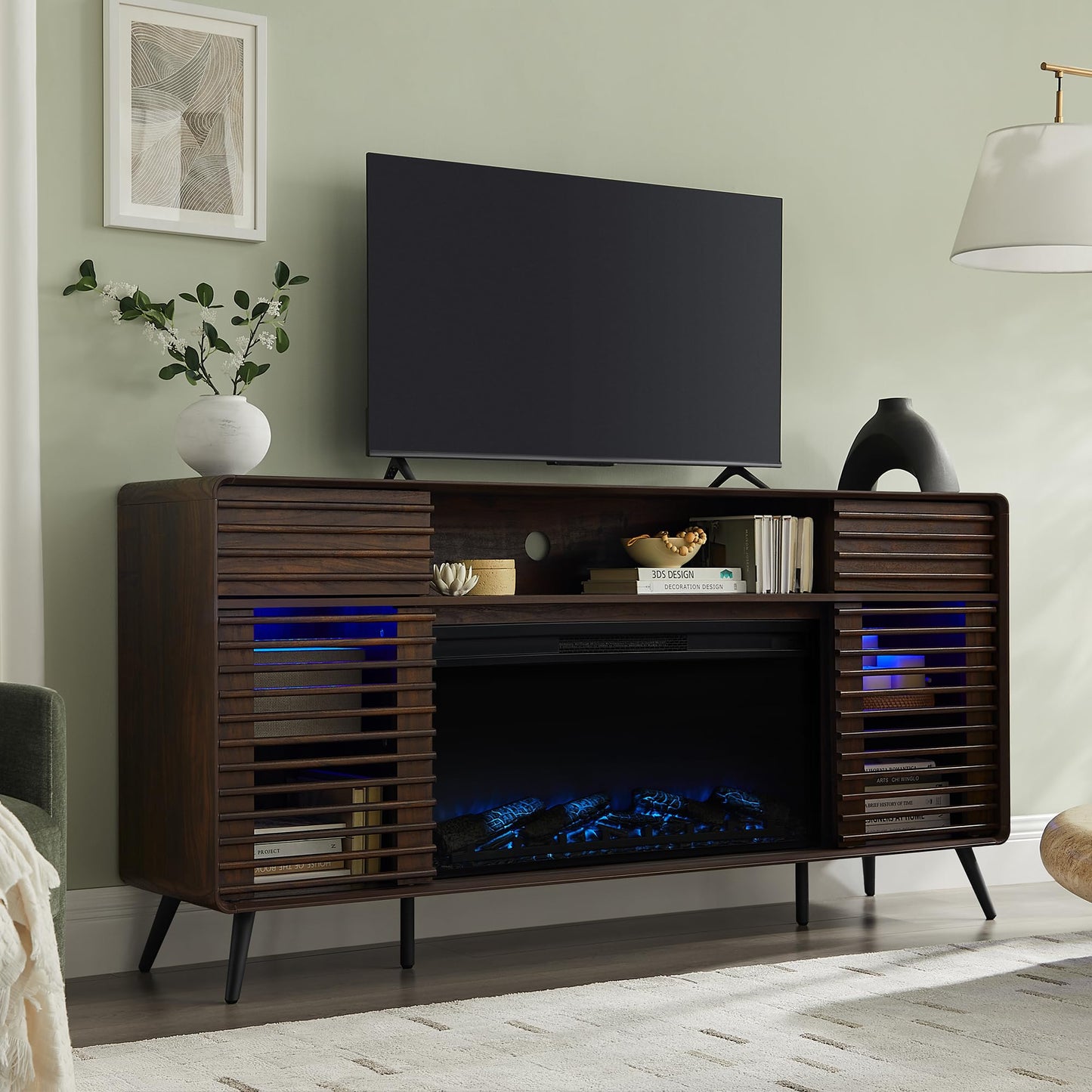 RedLemon Fireplace TV Stand for 80 Inch TV, Mid Century Modern Entertainment Center with 36" Electric Fireplace & Led Lights, Wood Media Console w/Slatted Sliding Doors for Living Room, Dark Walnut