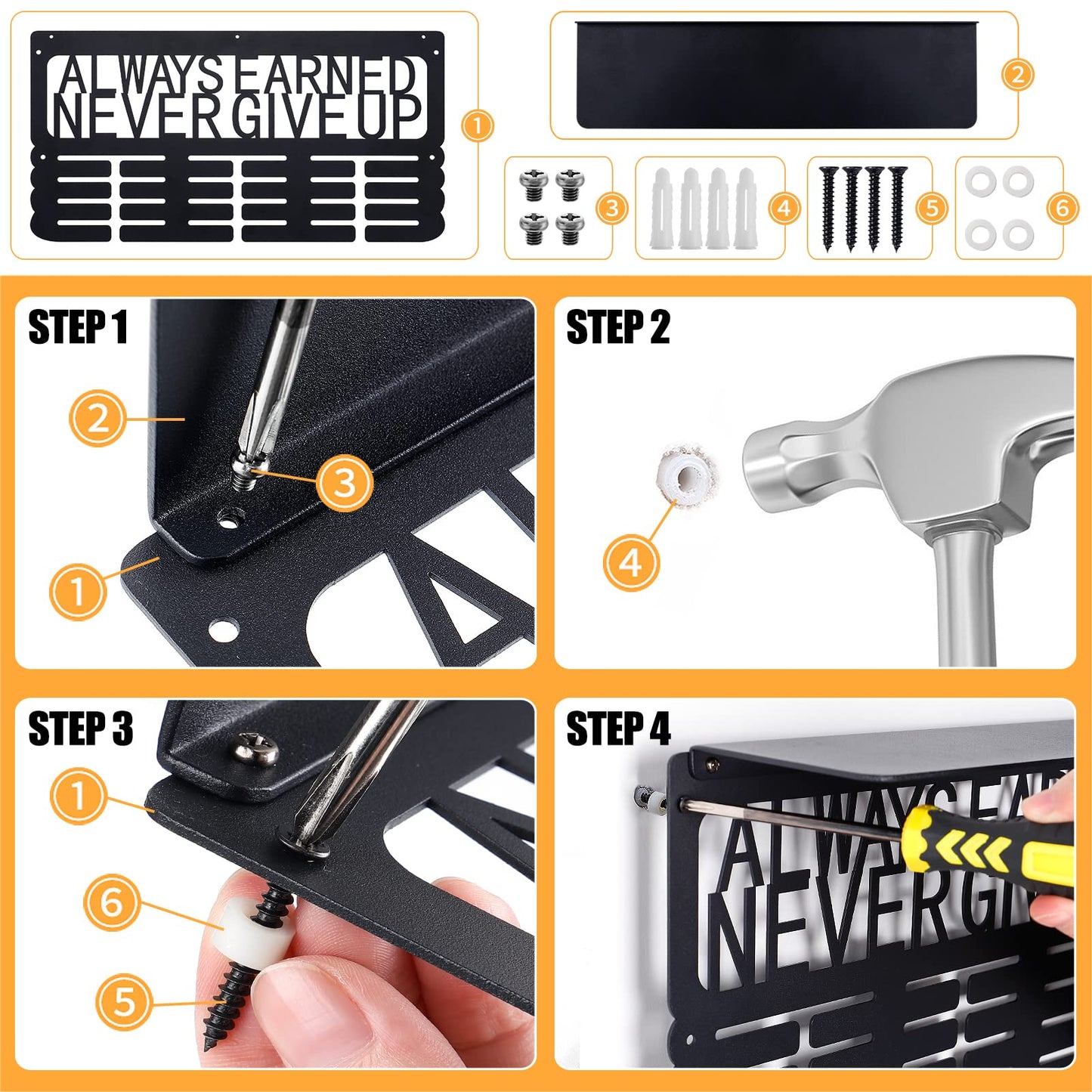 Biggun Metal Trophy and Medal Display Shelf- Easy to Install Medal Hanger Display with Trophy Shelf Medal Holder for Over 70 Running Race Wrestling Medals