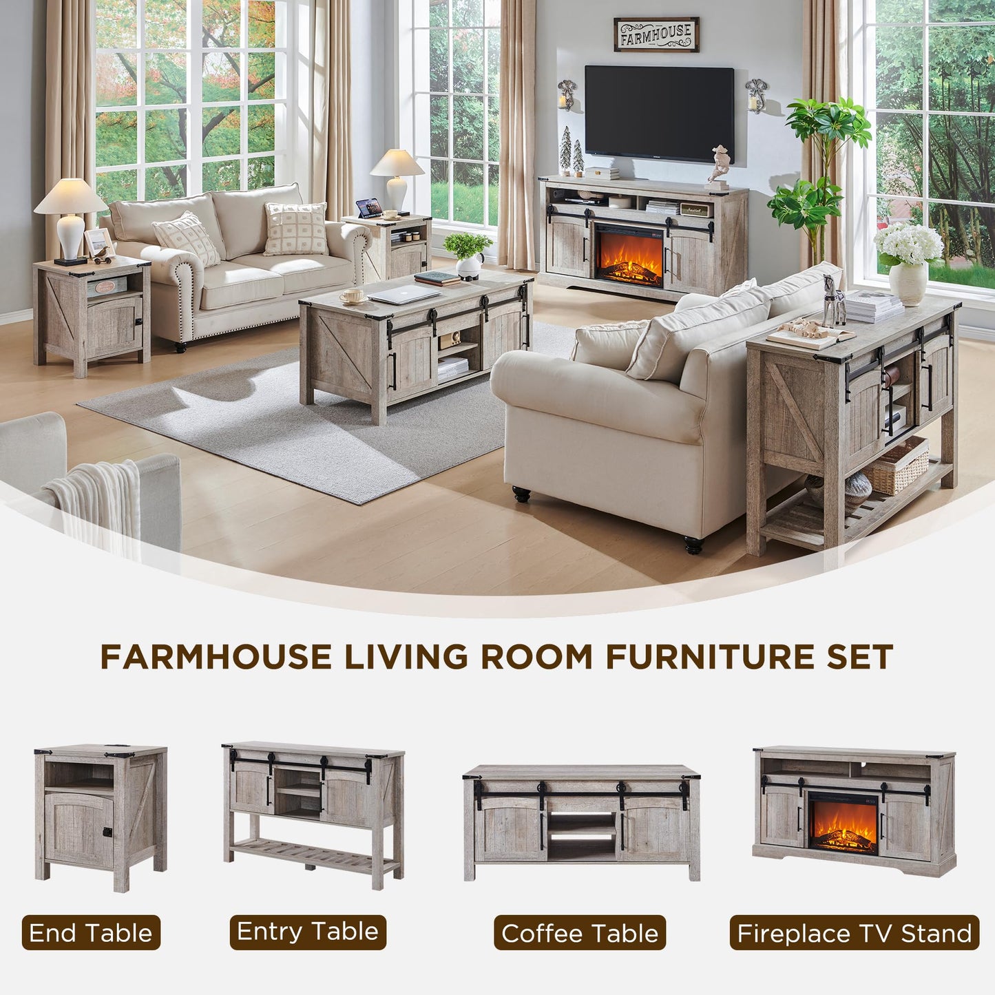 OKD Farmhouse Fireplace TV Stand for 70+ Inch TV, 33" Tall Highboy Entertainment Center w/Electric Fireplace, Rustic Media Console w/Sliding Arched Door for Living Room,Light Rustic Oak