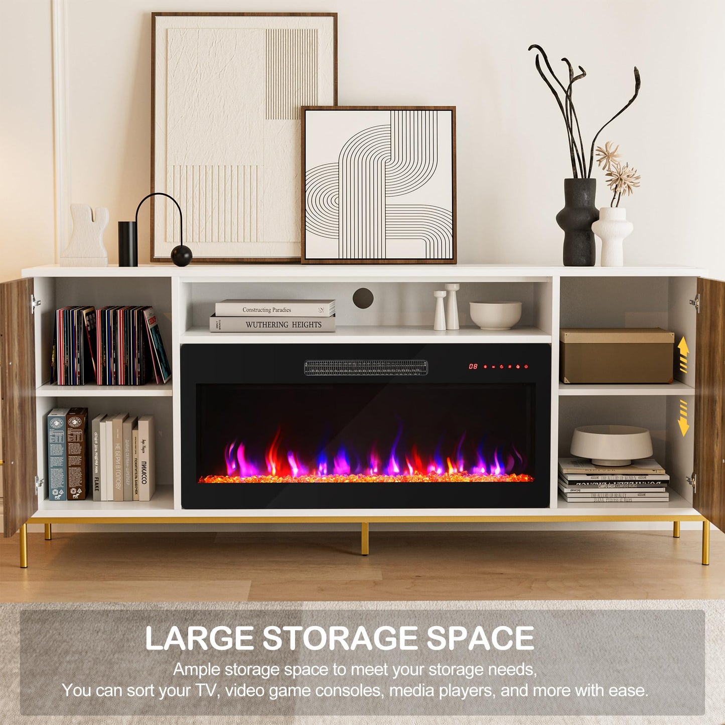 BELLEZE 68" Wood TV Stand with 36" Electric Fireplace, Entertainment Center with Storage Cabinet, Console Table for TVs up to 75 Inches, for Living Room, Bedroom - Harper (White Ebony)