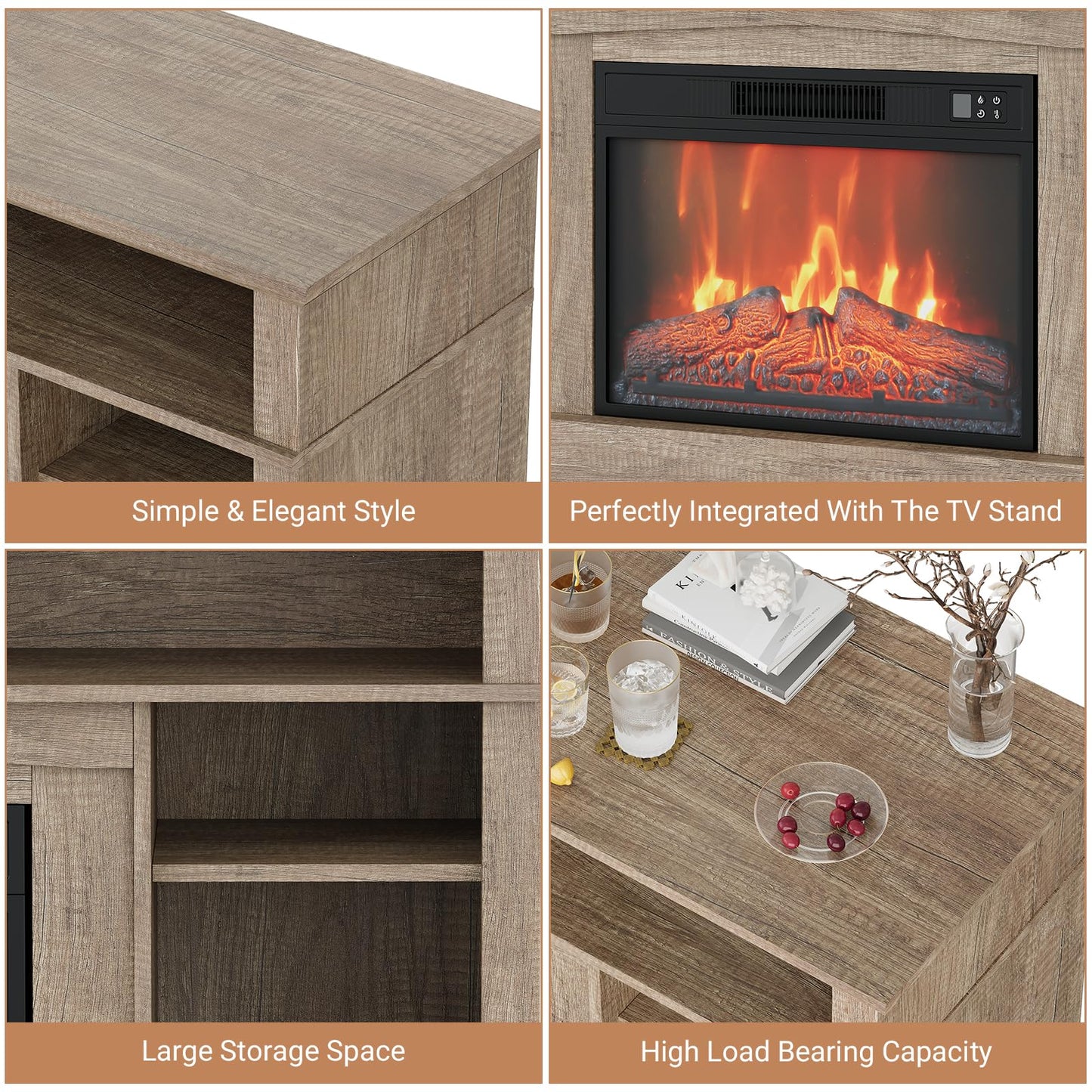 MilleLoom 58" Fireplace TV Stand, Fireplace Entertainment Center for TVs up to 65'' Console with 23-Inch Electric Fireplace & Remote Control, Wooden TV Cabinet for Living Room