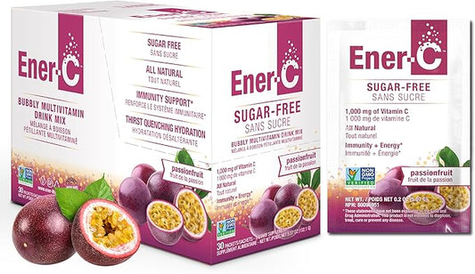 Ener-C Sugar Free Energy Passion Fruit Multivitamin Drink Mix Vitamin C 1000mg & Electrolytes - Natural Immunity Support with Real Fruit Juice Powders - Non-GMO Vegan & Gluten Free - 30 Count