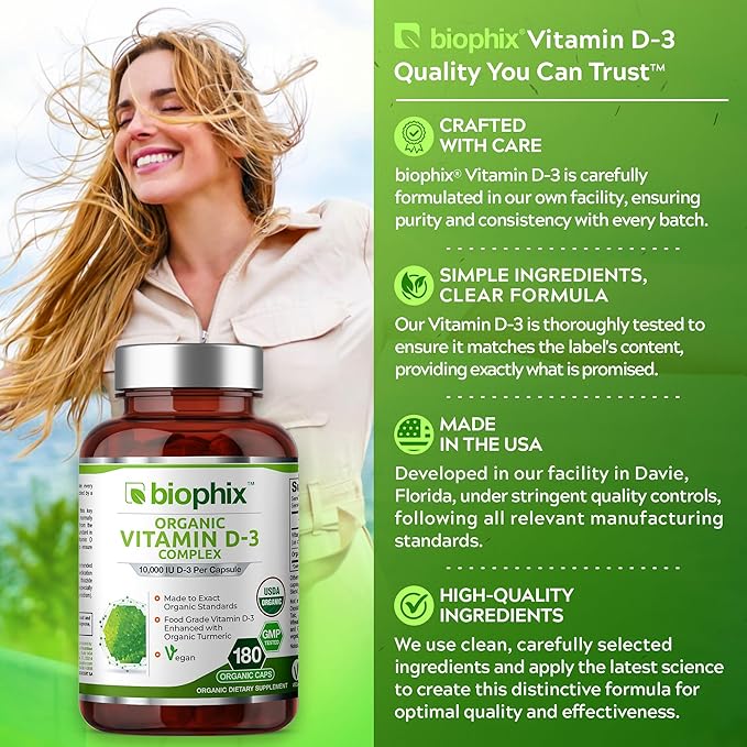 biophix Organic Vitamin D-3 Complex 10000 IU 180 Vcaps with Turmeric - High-Potency Supports Strong Bones Immune Health