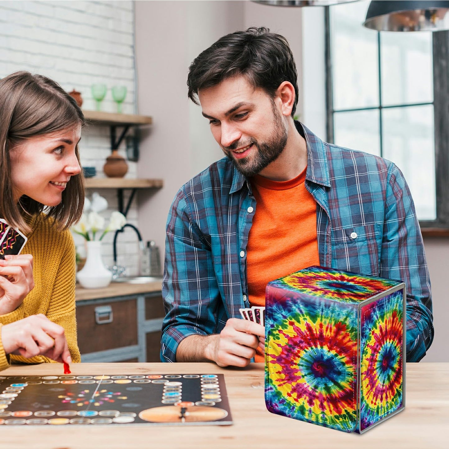 BREIDMKFM Card Deck Box for Trading Cards, MTG Commander Deck Box Fits 100+ Single Sleeved Cards, Leather Magnetic Card Storage Box for YuGiOh TCG CCG Cards, Rainbow Pattern