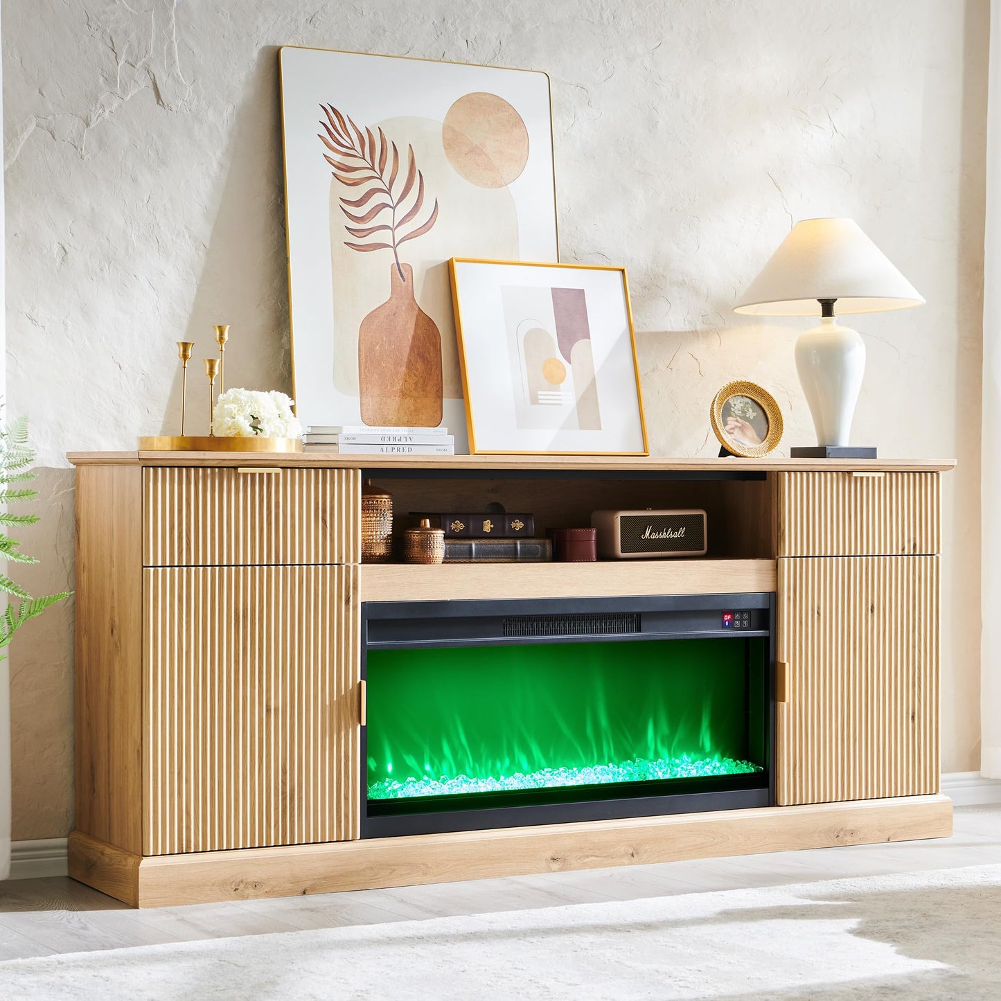 IFGET Fluted Fireplace TV Stand for TVs Up to 80 inch, Modern Entertainment Center with 36" Electric Fireplace, Wood Media Console w/Drawers and Adjustable Shelves for Living Room, Natural