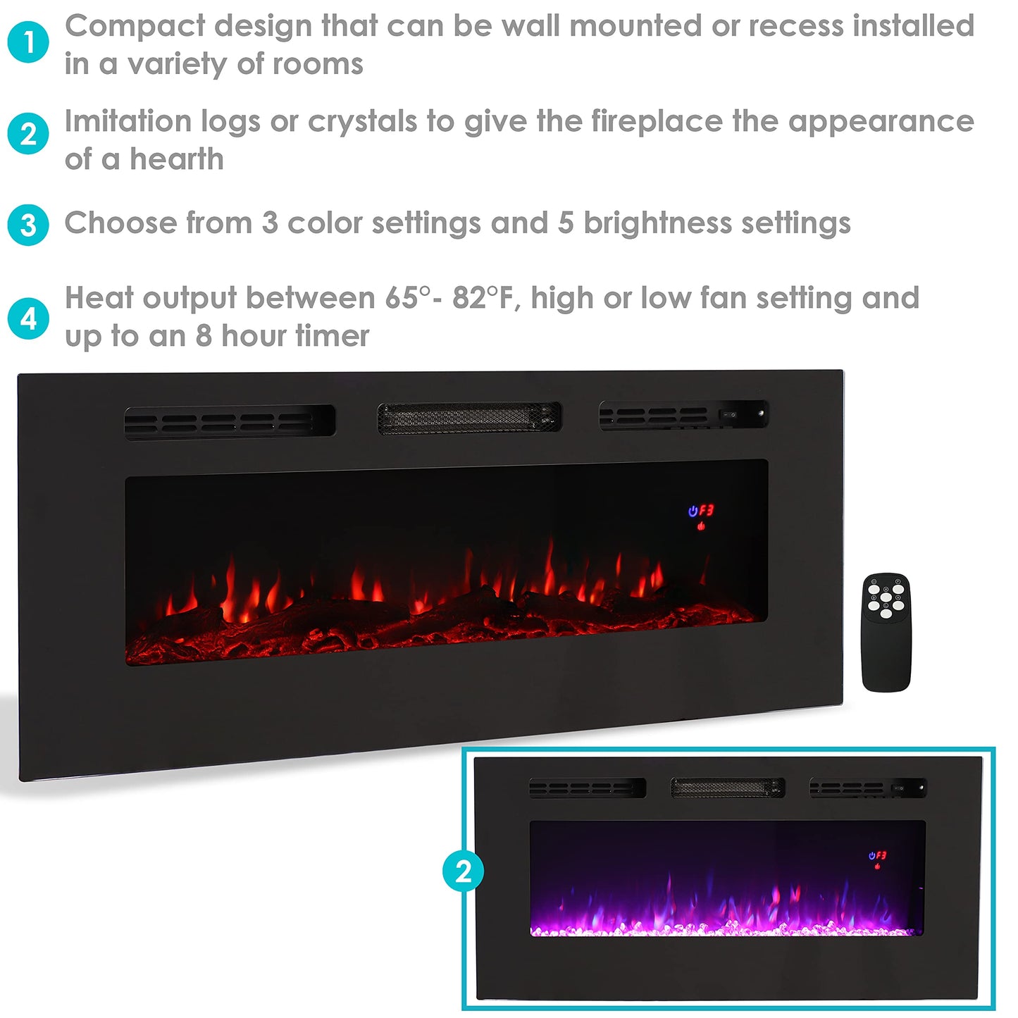 Sunnydaze Black Indoor Electric Fireplace Insert - Wall-Mounted Electric Fireplace Heater with 3 Flame Colors - 40-Inch