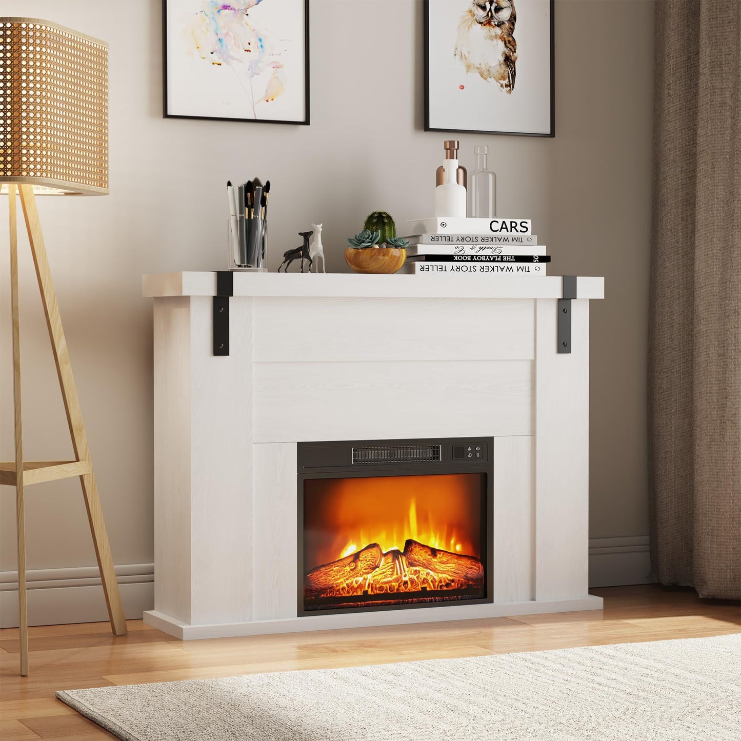 TRONLEE 46" Fireplace Mantel Cabinet, 34.7 inches Tall Includes 23" Freestanding 1400W Electric Fireplace, Remote Control, for Living Room, Study, Bedroom, 46.45W x 34.72 H(White Oak, 23'' Heater)