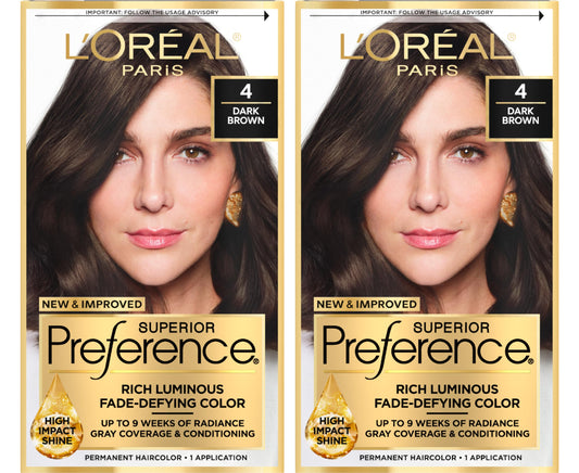 L'Oreal Paris Superior Preference Luminous Fade-Defying Permanent Hair Color, Hair Dye For Up to 9 Weeks of Radiance, Dark Brown 4, 1 Hair Dye Kit (Pack of 2)