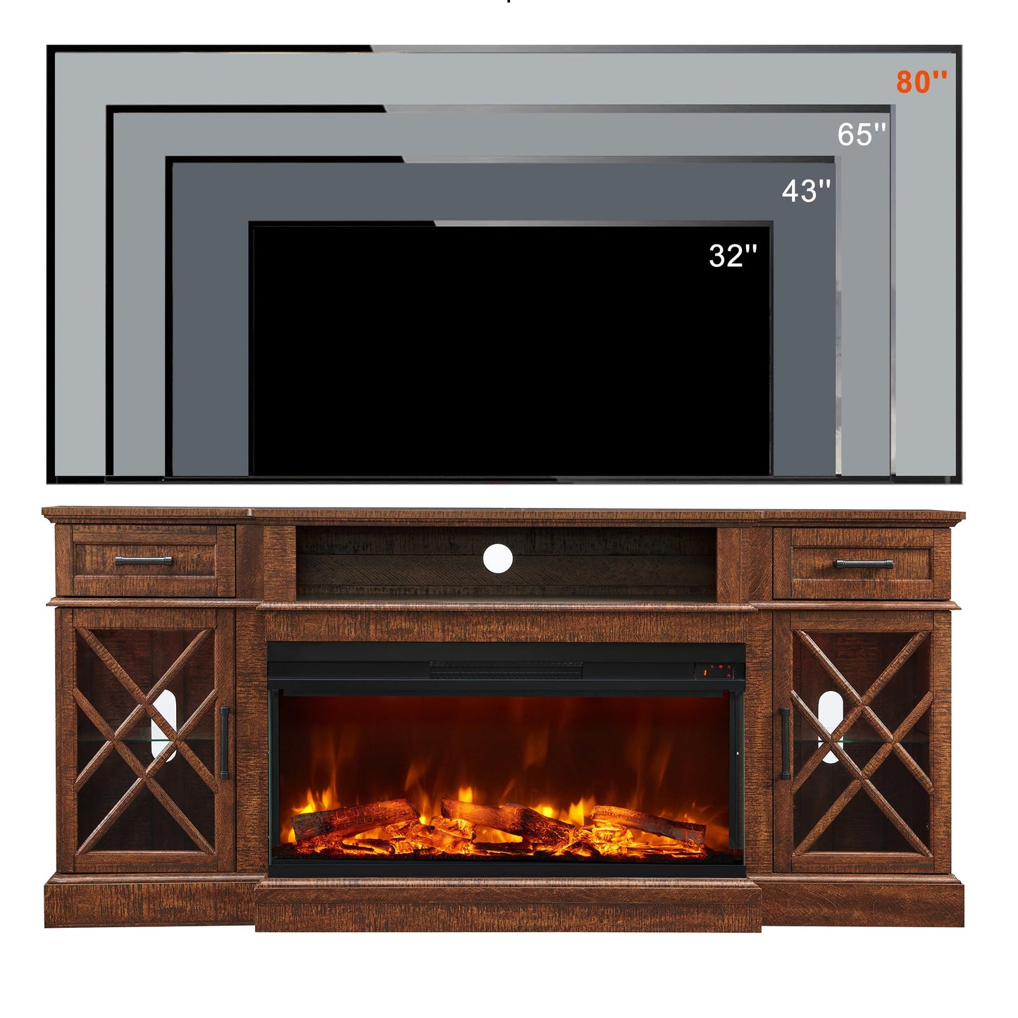 OKD 3-Sided Glass Farmhouse Fireplace TV Stand for TVs up to 80'', Highboy Entertainment Center with Glass Door Storage Cabinet, 70'' Large TV Stands with 36'' Electric Fireplace, Reclaimed Barnwood