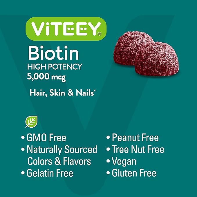 Biotin Gummies for Hair Skin Nails 5,000mcg - Hair Growth Gummies, Healthy Skin Glow, Strong Healthy Nail Growth - Vegan, Gluten Free, Gelatin Free, GMO Free - Tasty Chewable Raspberry Flavor