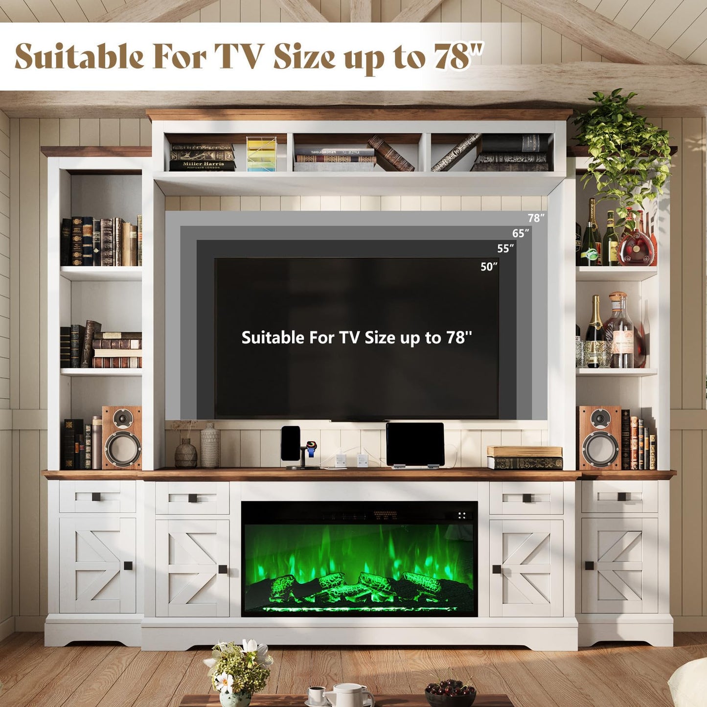AMERLIFE 98in Farmhouse Entertainment Center with 36" Fireplace, TV Stand, Bookshelf, Wine Cabinet, Fits 78" TVs, Wall Unit Media Console with Power Outlets & Barn Doors, Living Room, Off-White