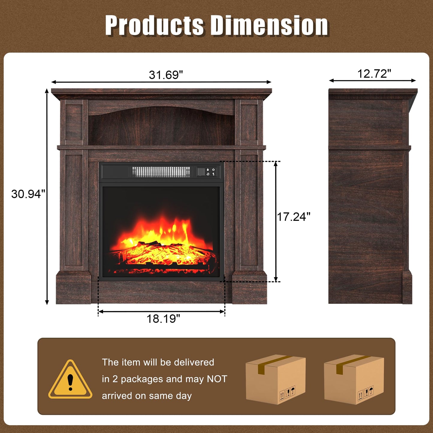 TRONLEE 32" Small Fireplace Mantel with Central Cabinet, Includes 18" Freestanding 1400W Electric Fireplace, Remote Control, Compact Design for Living Room, Study, Bedroom (Walnut)