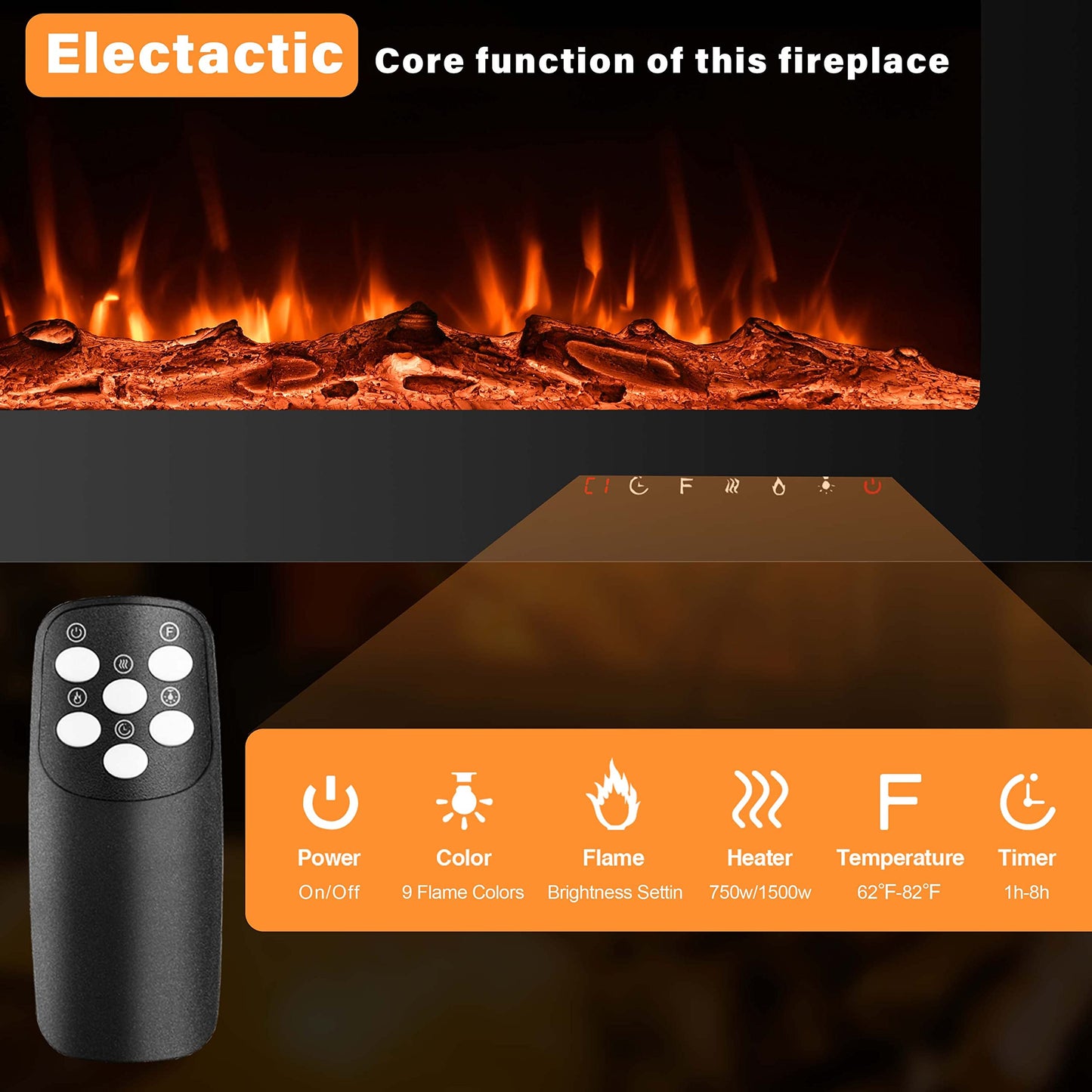 Cozy Daisy Electric Fireplace Heater,Wall Mounted and in-Wall Recessed,with Touch Screen, Realistic 12 Color Flame, Remote Controller/Log & Crystal Hearth Options,750W-1500W,Black (30 inch)