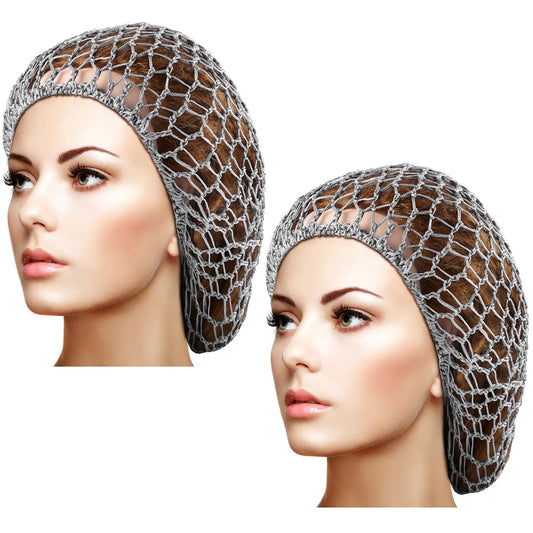 2 Pieces Mesh Hair Net Rayon Knit Snood Women Crocheted Sleep Cap (Gray)