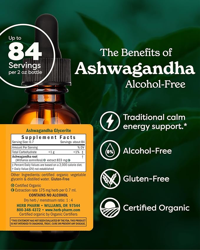 Herb Pharm Certified Organic Ashwagandha Extract Drops for Traditional Support for Energy and Vitality, Alcohol-Free Glycerite, 2 Oz