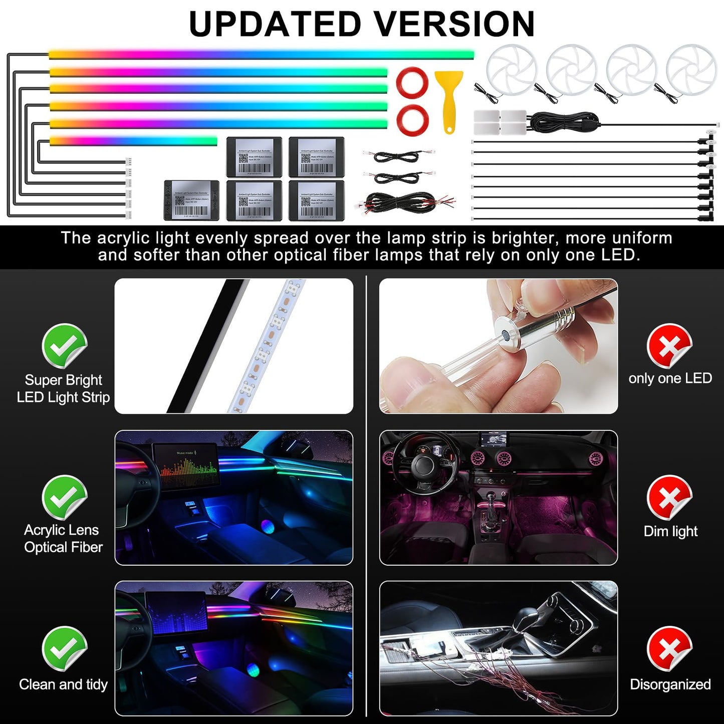 Dreamcolor Acrylic Interior Car LED Strip Light with Wireless APP, RGB 22 in 1 with 175 inches 600 LEDs Fiber Optic Ambient Lighting Kits, Dynamic Chasing Music Sync Neon LED Strip for Car Accessories