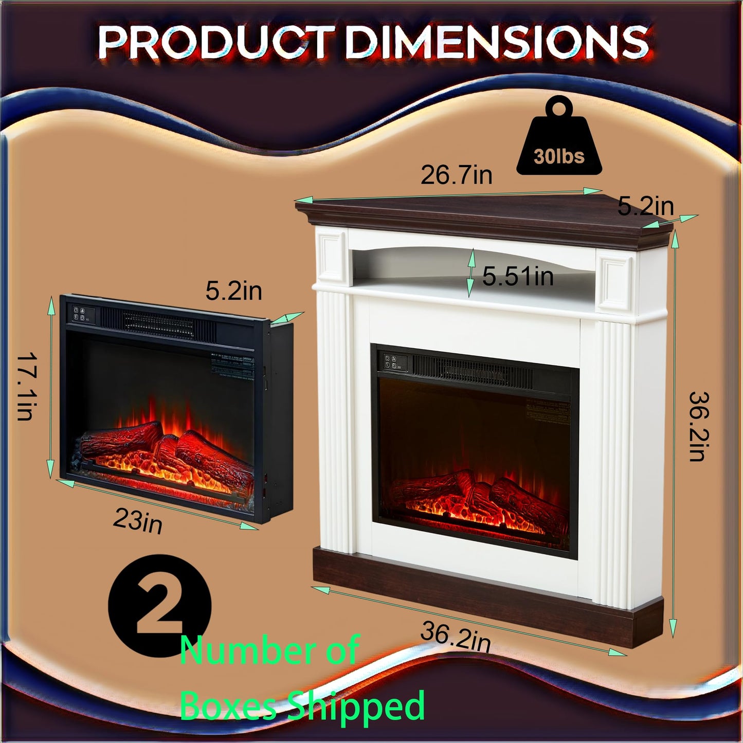 Corner Electric Fireplace with Mantel, Space Heaters for Indoor Use with 23" Fireplace Insert, Adjustable Flame, Remote Control, Electric Fireplaces for Livingroom, Bedroom,Studyroom (White-Corner)