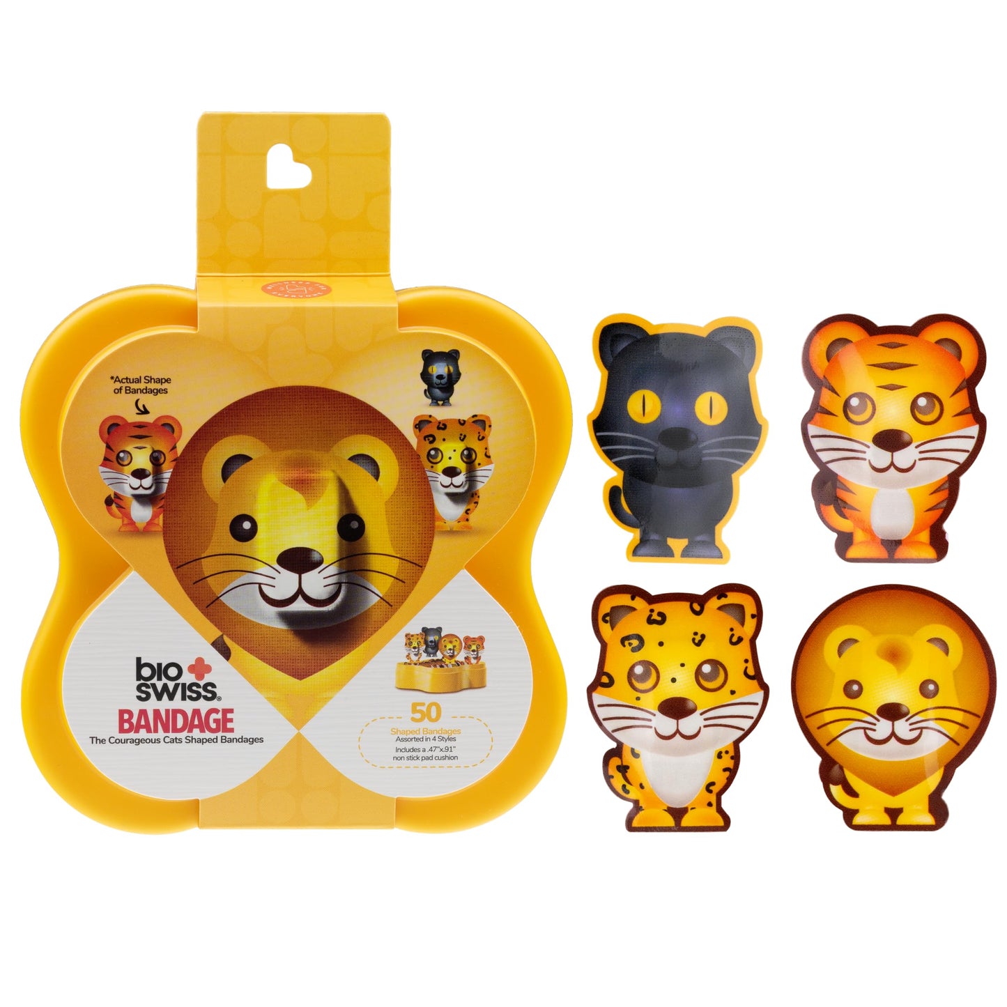 BioSwiss Bandages, Courageous Cats Shaped Self Adhesive Bandage, Latex Free Sterile Wound Care, Fun First Aid Kit Supplies for Kids and Adults, 50 Count