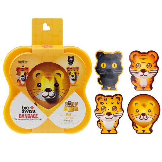 BioSwiss Bandages, Courageous Cats Shaped Self Adhesive Bandage, Latex Free Sterile Wound Care, Fun First Aid Kit Supplies for Kids and Adults, 50 Count