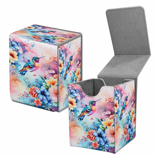 BREIDMKFM Card Deck Box for Trading Cards, MTG Commander Deck Box Fits 100+ Single Sleeved Cards, Leather Magnetic Card Storage Box for YuGiOh TCG CCG Cards, Watercolor Floral Hummingbird