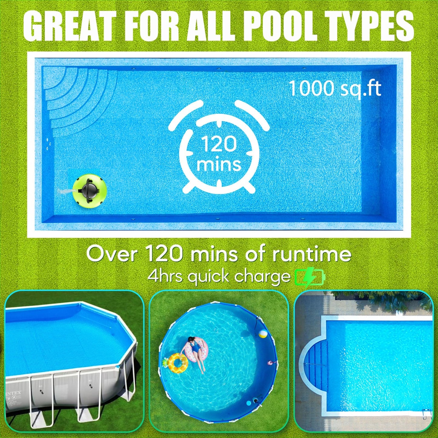 Pool Vacuum for Above Ground Pool Robot, Cordless Robotic Pool Cleaner for In - Ground Flat Pools up to 1000 Sq.Ft, Automatic Robot Pool Cleaner with Self - Parking Tech 120 Mins