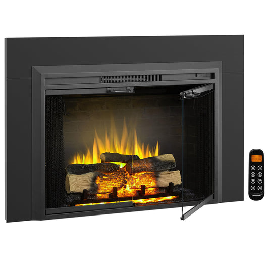 LegendFlame Damon 39 Inches Electric Fireplace Insert with Trim Kit, Glass Door and Mesh Screen, Fireplace Heater 750/1500W, Fire Crackling Sound, Adjustable Flame Speed, Remote Control, Black