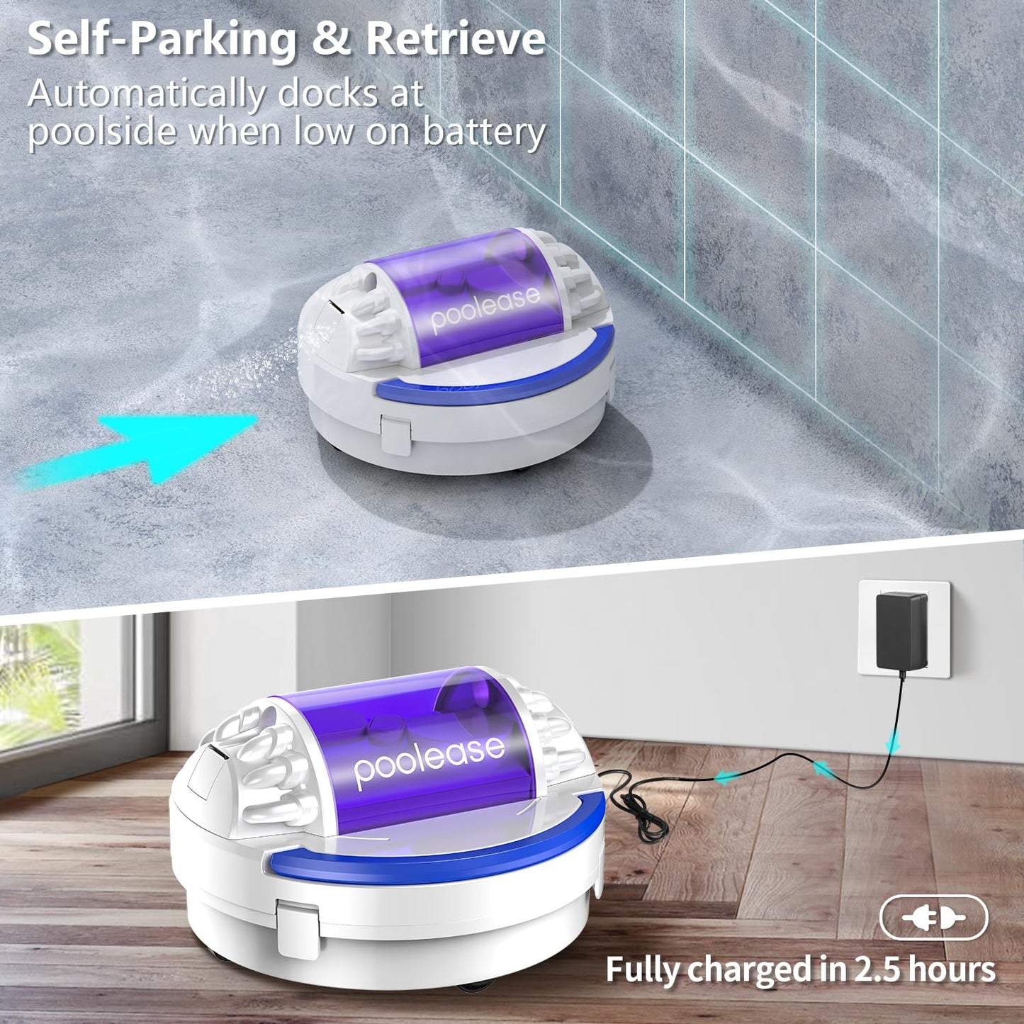Poolease X1 Cordless Pool Cleaner Robot, Robotic Pool Vacuum for Above/In Ground Pool, 45W Dual-Motor, Self-Parking, Enhanced with 2L Debris Capacity (White and Purple)