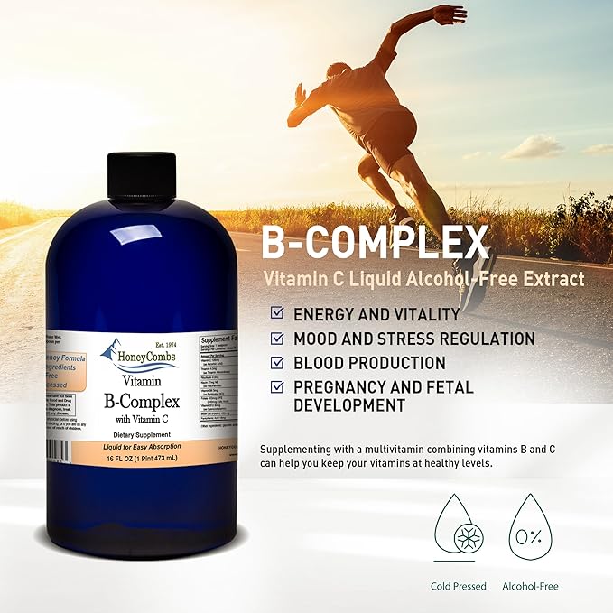 HoneyCombs Vitamin B Complex Drops – Liquid Supplement with Vitamin B1, B2, B3, B5, B6, B7, B9, B12 & Vitamin C – Super B Complex Vitamins – Alcohol-Free Liquid Vitamin Supplement, 16 Fl Oz.