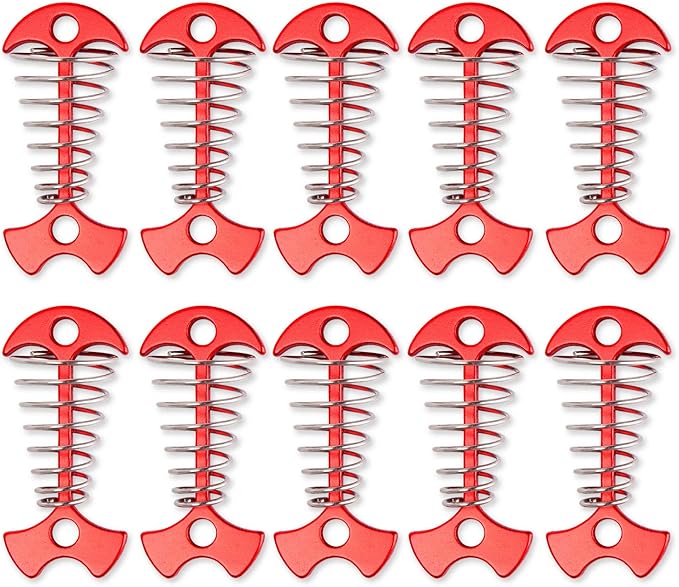 TOBWOLF 10PCS Deck Anchor Pegs, Windproof Aluminium Alloy Fishbone Tent Stakes with Spring Buckle, Portable Wind Rope Anchor, Camping Tent Nail