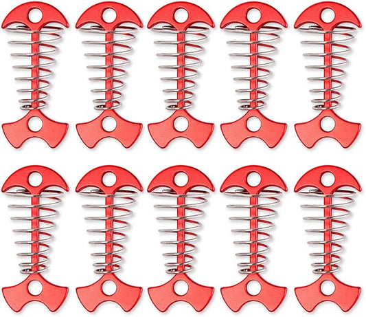 TOBWOLF 10PCS Deck Anchor Pegs, Windproof Aluminium Alloy Fishbone Tent Stakes with Spring Buckle, Portable Wind Rope Anchor, Camping Tent Nail