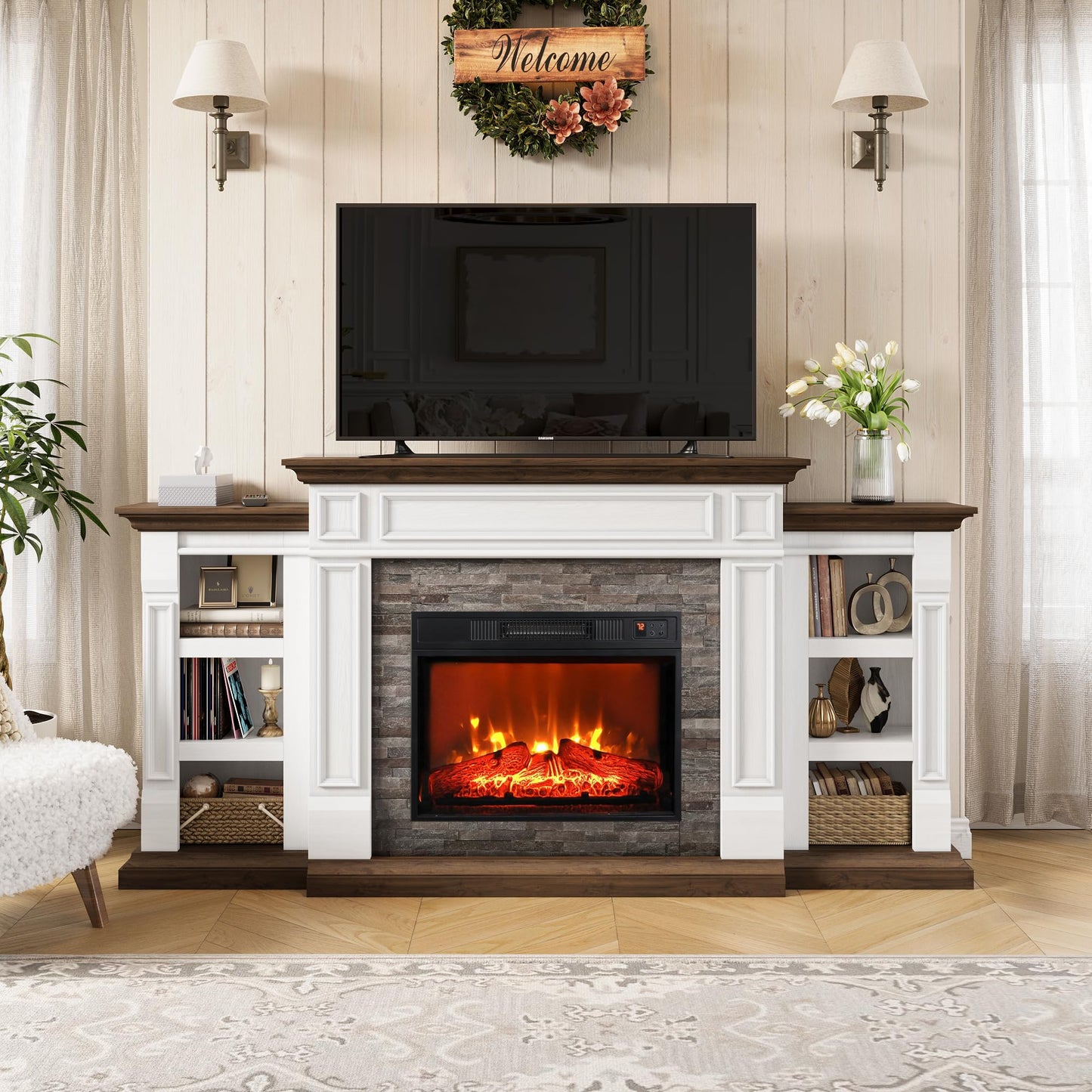 Naice 72" Electric Fireplace with Mantel and Cabinets, Fireplace TV Stand for Living Room Bedroom, Stacked Stone Surround and Remote Control 3D Realistic Flame