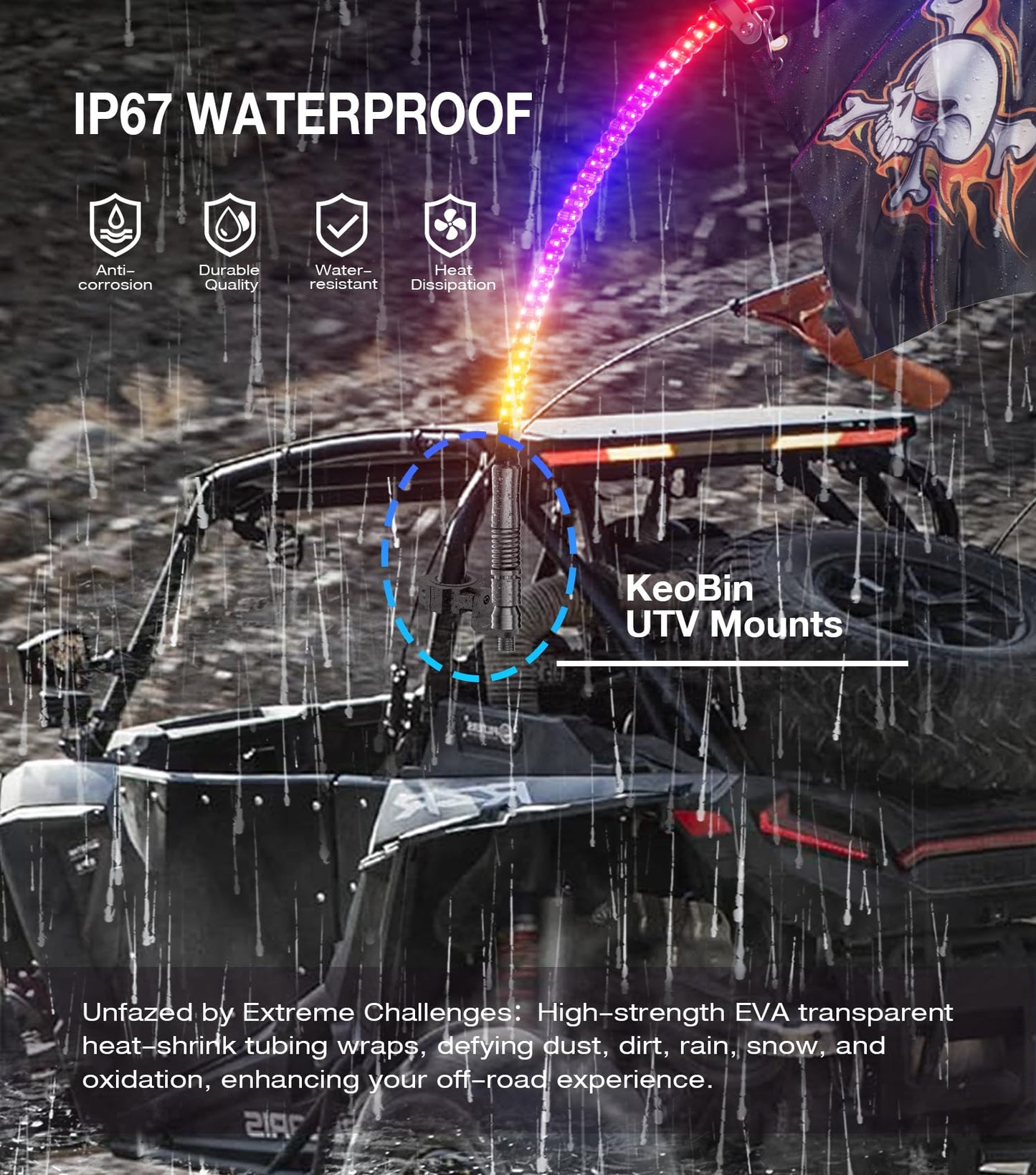 2 Pack 5FT Music Whip Lights - 366+ Chasing Modes RGB Lighted Whips with APP & Remote Control, Rocker Switch, Nylon Flags & Spring Base for UTV ATV Polaris RZR Can-Am SXS Truck