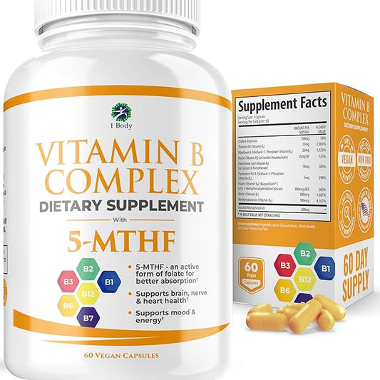 1 Body Vitamin B Complex – Methylated B12, 5-MTHF Folate, High Potency B Vitamins for Energy, Stress, Brain & Heart Support, Vegan, 60 Capsules