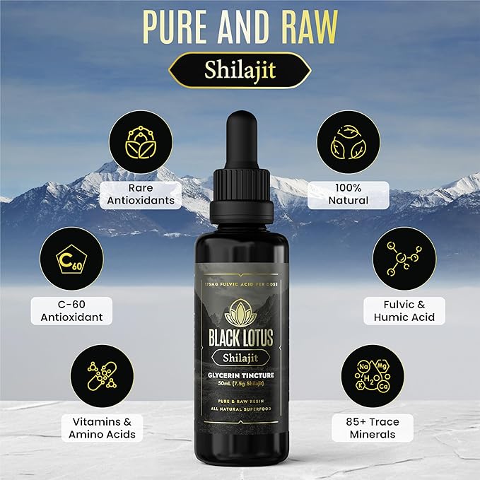Black Lotus Pure Shilajit Resin Liquid Tincture, 50ml, 100% Pure Natural Shilajit for Men & Women with Amino Acids, 175mg Fulvic Acid, 85 Ionic Trace Minerals, for Immune Support, Focus, Energy