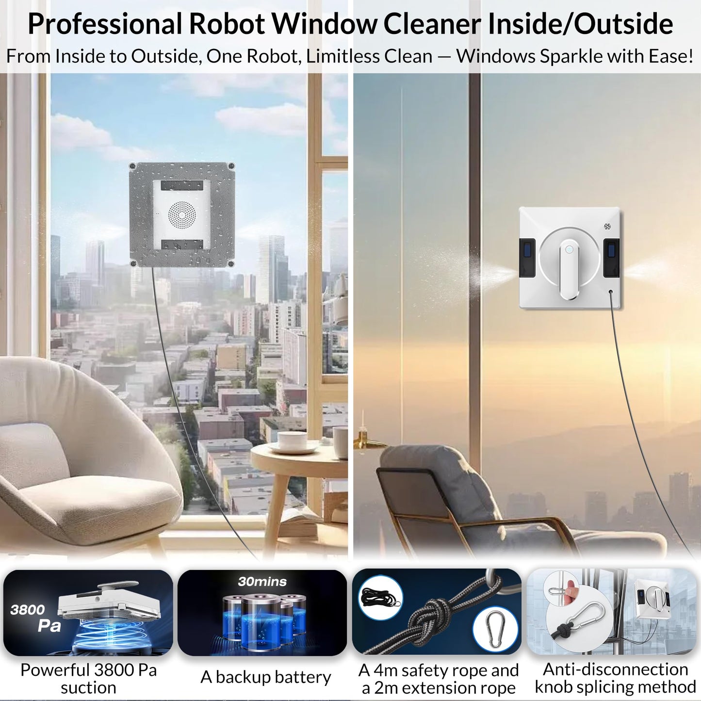 Smart Window Cleaning Robot With Dual Water Spray,3800pa Suction, Multiple Anti - Fall Protection,AI Path Planning,App & Remote Control,Ideal Window Washer Robot For High-Rise Windows And Glass Doors