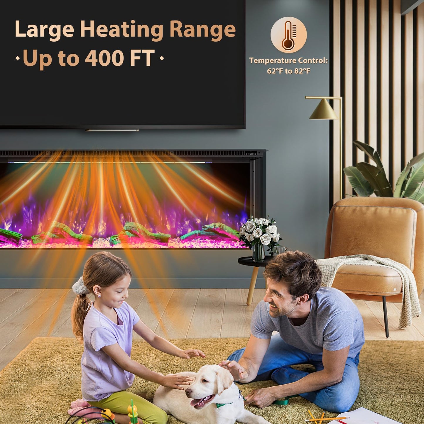 3 Sided Electric Fireplace, 60 inch Smart WiFi Fireplace Inserts, Mounted Eletric Fire Place Heater with 251 RGB LED Flame Colors, Remote Control, Log, Crystals, Black