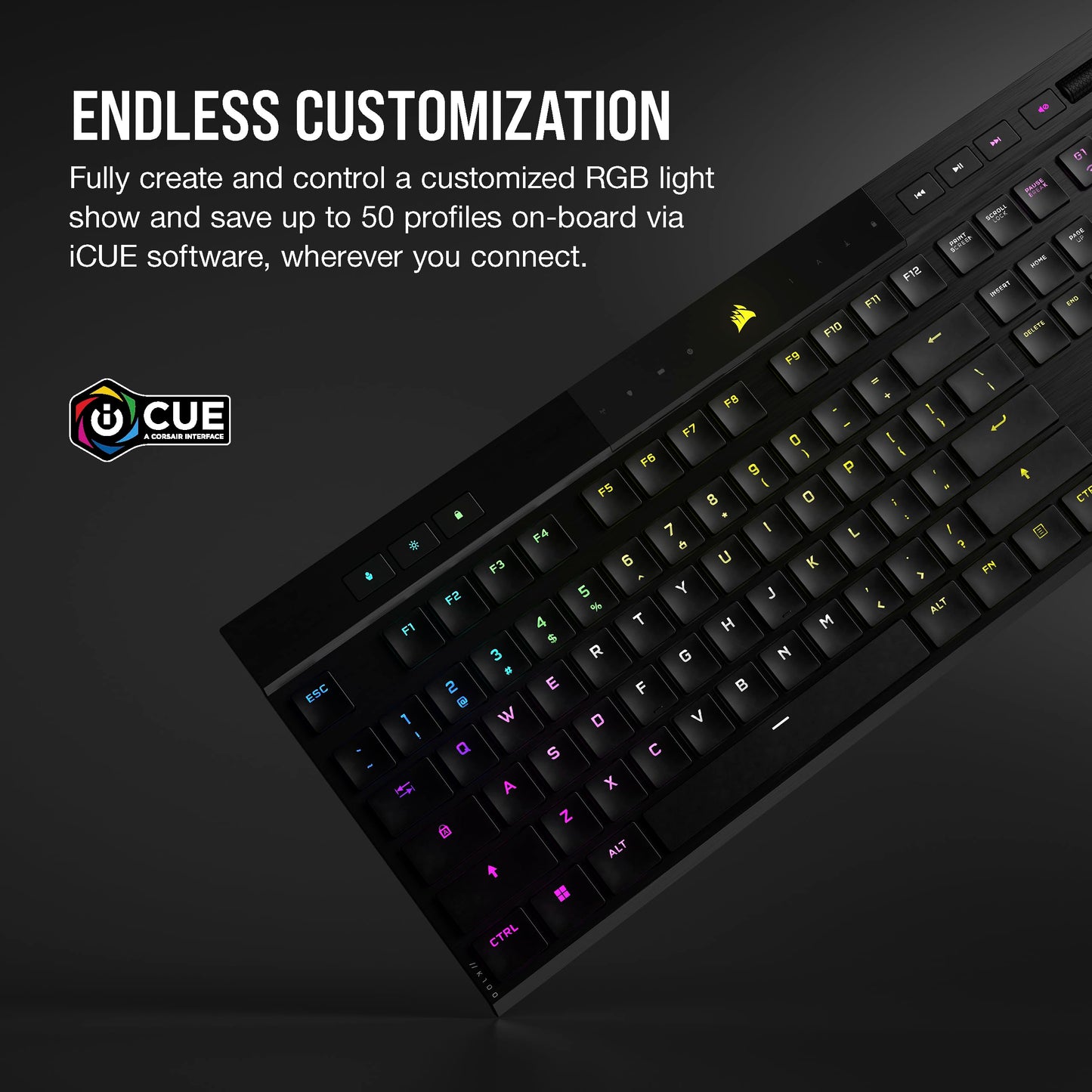 Corsair K100 AIR Wireless RGB Mechanical Gaming Keyboard - Ultra-Thin, Sub-1ms Slipstream , Low-Latency Bluetooth, Cherry MX Ultra Low Profile Keyswitches - NA Layout, QWERTY - Black
