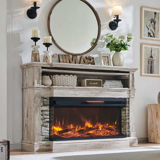 RedLemon Electric Fireplace with Mantel, 3-Sided Glass Farmhouse TV Stand with Fireplace for TVs up to 65", 52" Media Entertainment Center Console with Storage for Living Room, Antique Brush White