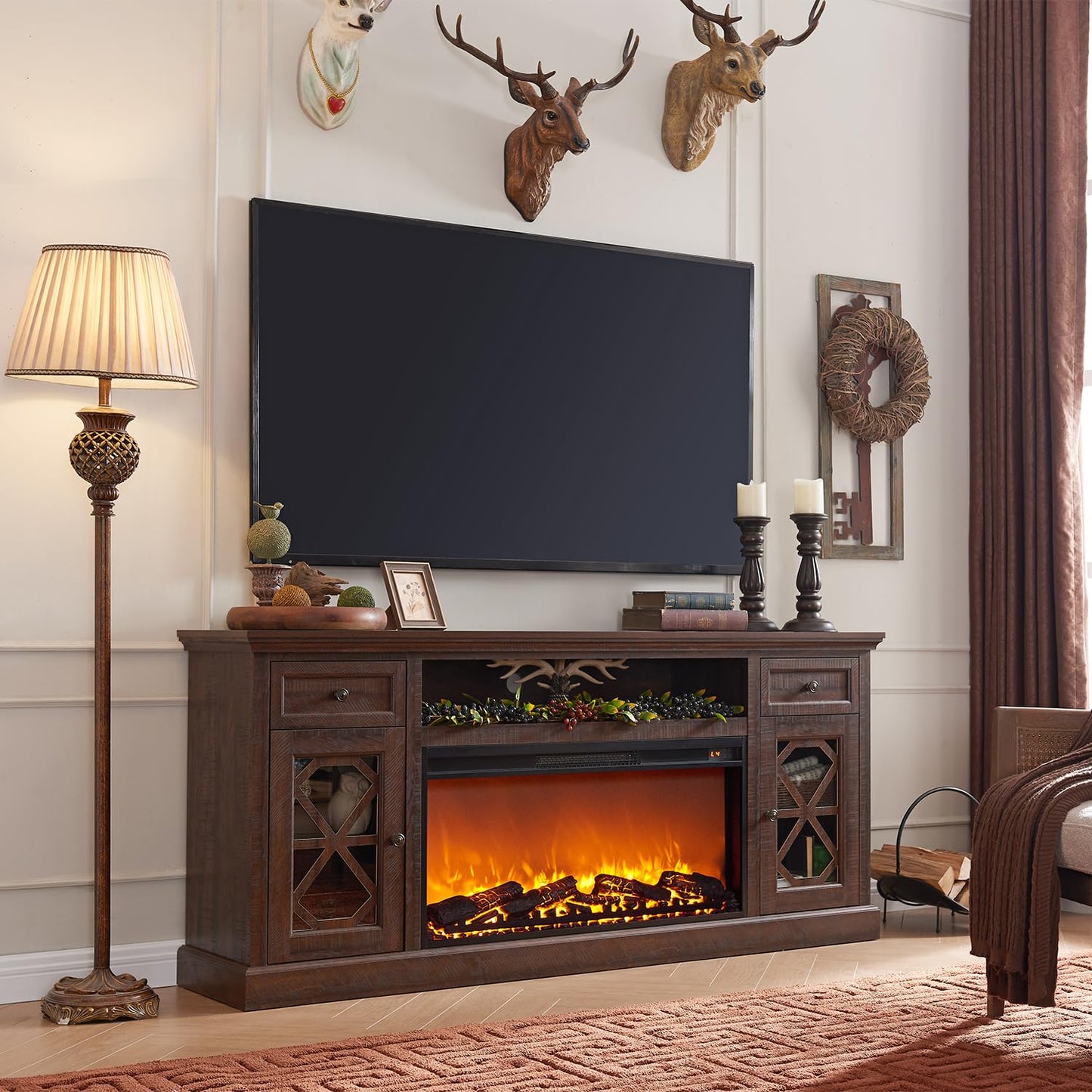 Farmhouse Electric Fireplace TV Stand for 80 Inch TVs, 31" Tall Highboy Entertainment Center w/36 Large Electric Fireplace & 2 Drawer, Diamond Panel Door for Living Room, 70inch, Brown