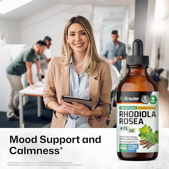BIO KRAUTER Rhodiola Supplement Liquid - Pure Rhodiola Rosea Tincture for Calmness Support - Alcohol & Sugar Free Extract - 4 Fl.Oz.
