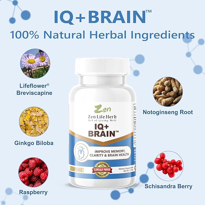 IQ+ Brain - Caffeine-Free, Clinically Tested Focus, Concentration, Memory & Energy, Natural Plant-Based Herbal Supplement, No Added Vitamins/Minerals/Mushroom/Sugar (60 Softgels)