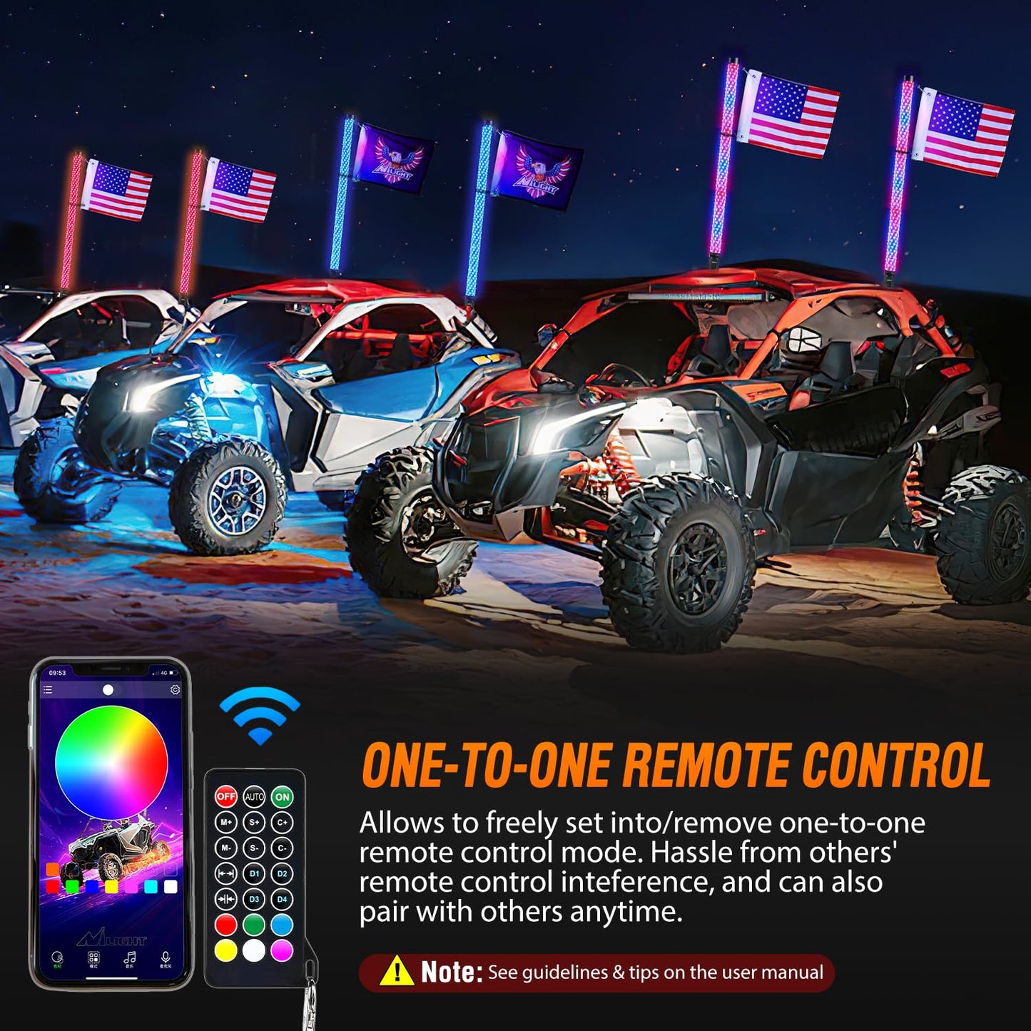 Nilight LED Fat Whip Light 2PCS 3FT RGB Lighted Antenna Whips with Remote & App Control DIY Chasing Patterns Brake Reverse Turn Lights for ATV UTV Polaris RZR Can-am Dune Buggy Pickup Trucks Jeep