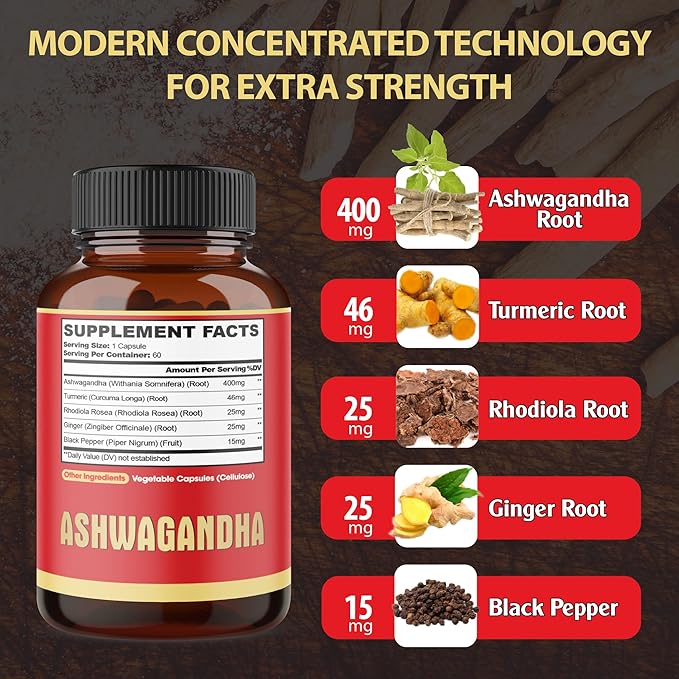 3 Packs 60 Capsules - Ashwagandha Supplement 5200mg - 5in1 with Ginger, Turmeric, Rhodiola Rosea & Black Pepper - Stamina & Body Health Support - 6-Month Supply