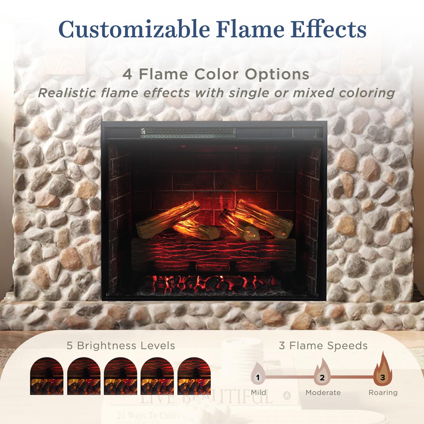 Country Living - Glenbrook Fireplace Mantel Package, 28”, Alexa/WiFi Enabled Fireplace Insert, Cast Stone River Rock Surround, 1500W