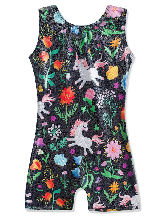 HOZIY Leotard with Shorts Gymnastics for Girls 5/6 5t Size 5-6 Year Old Black Flower Floral Unicorn Biketard Tumbling Outfits Colorful Multicolor Sparkle