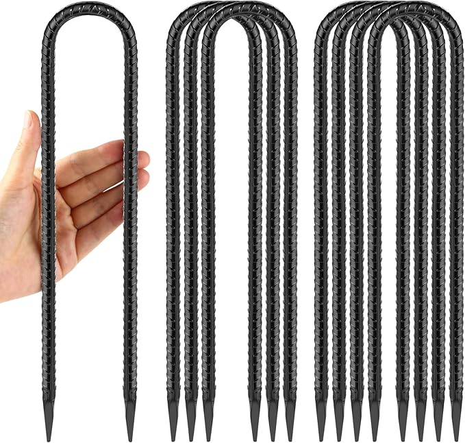 12 Inches Trampoline Wind Stakes, Heavy Duty U Stakes for Ground, 8-Pack Trampoline Tie Down Anchor Kit for Swing Set and Soccer Goal Galvanized Steel Anchors Black