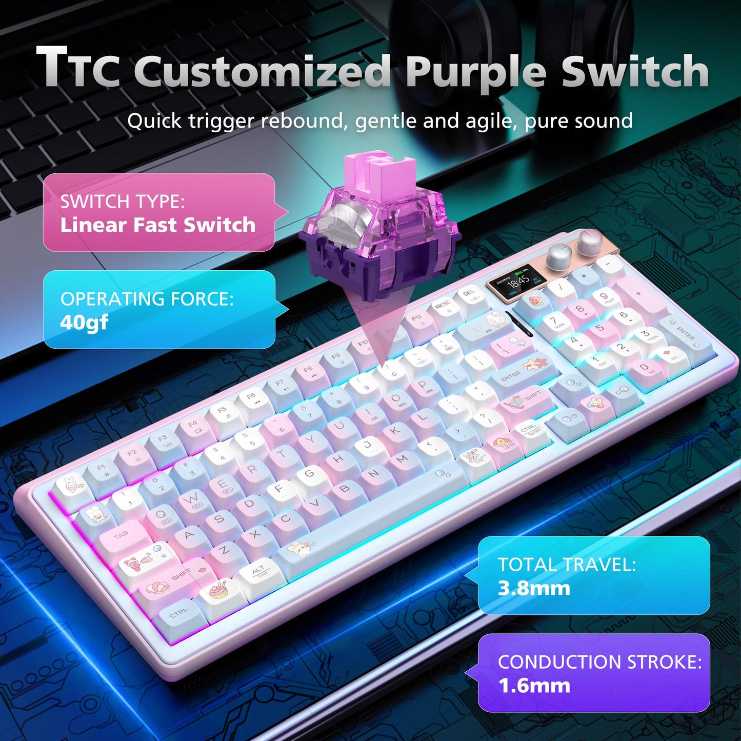 FOPATO H98 Gaming Keyboard, 98% Hot Swappable Gasket Structure 3-Mode Mechanical Keyboard, 96 Keys Full Key Rollover Bluetooth Wireless Keyboard with RGB, PBT Keycaps, Screen for Windows Mac (Pink)