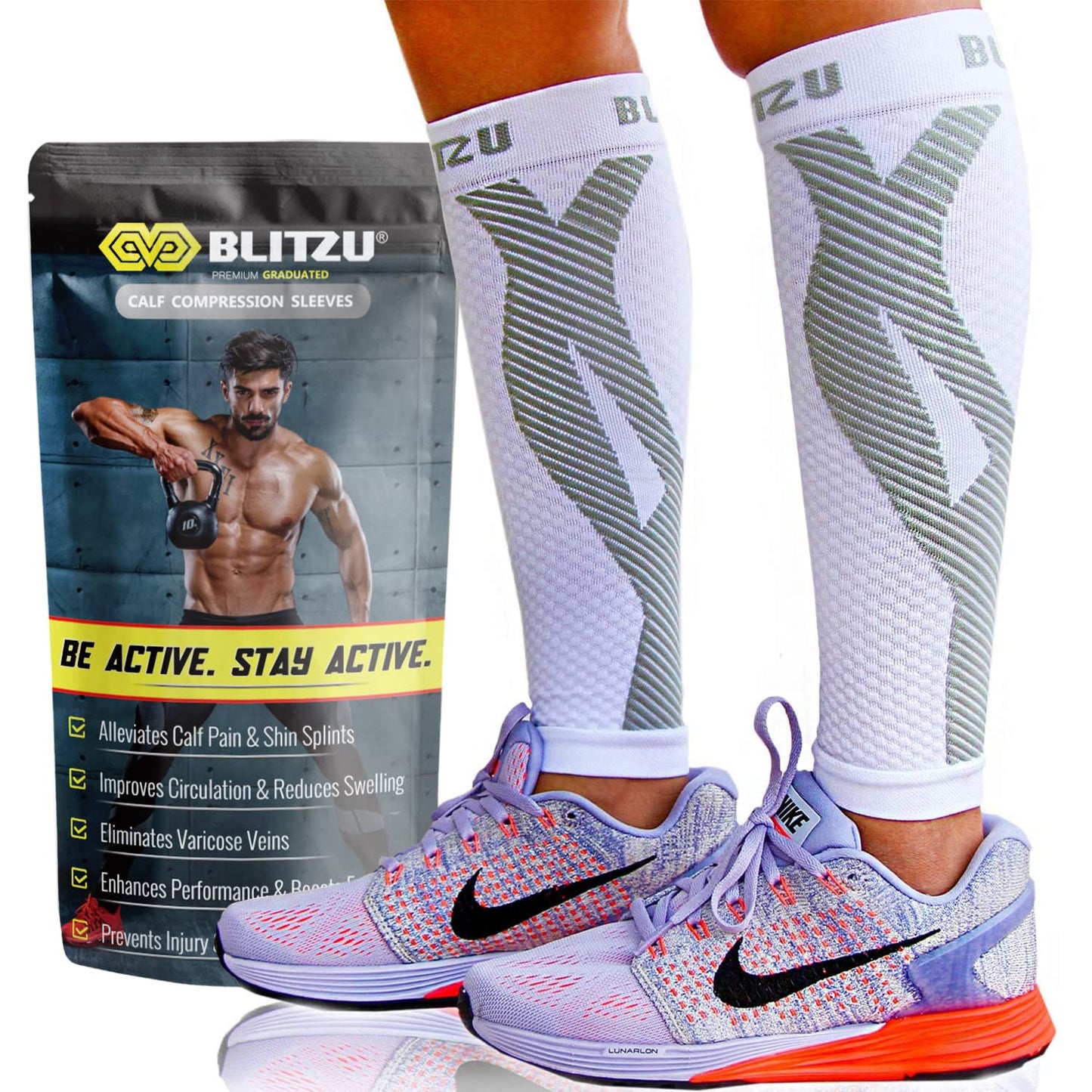 BLITZU Calf Compression Sleeves for Men and Women. Footless Compression Socks Support for Varicose Vein, Nursing, Running. Leg Sleeve Brace for Shin Splints, Pain Relief & Reduces Swelling White S-M