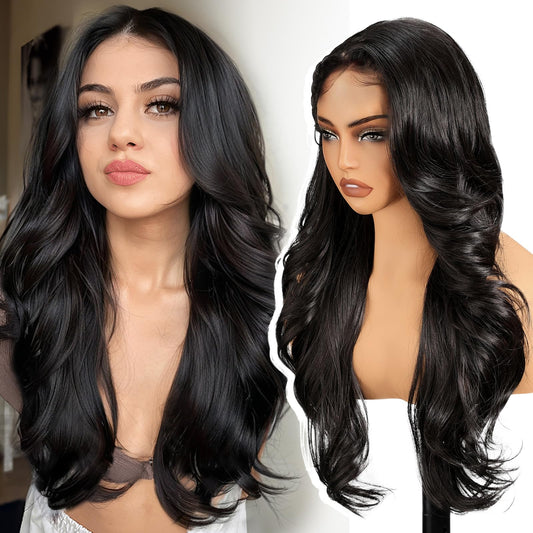 KOME Black Synthetic Lace Front Wig,13×4 HD Lace Layered Wave Glueless Wigs for Women Daily Use 26IN